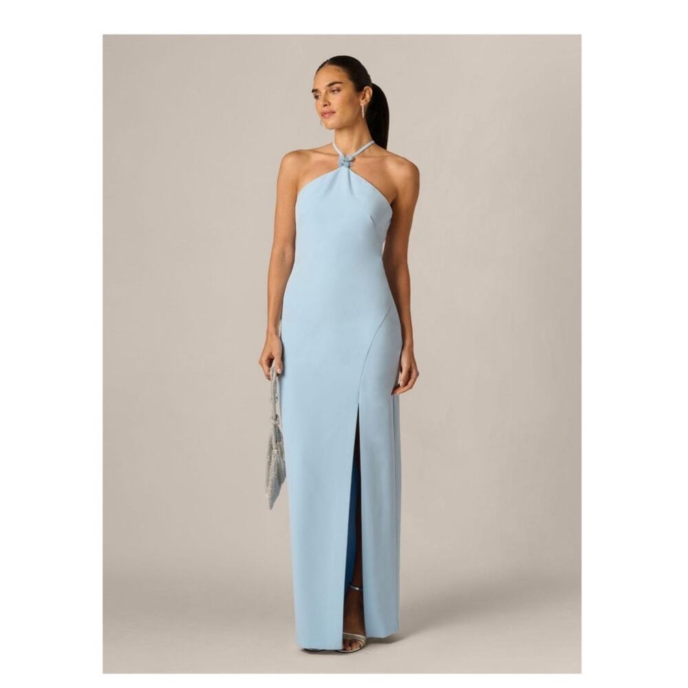 NWT Adriana Papell light blue t strap floral crepe column gown size 8